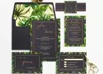 Monstera Leaf with Gold Border Spanish & English Elegant Wedding Invitation