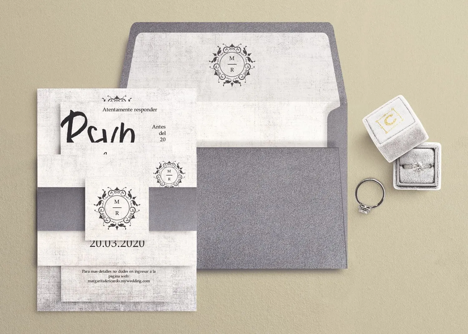 Rustic Silver Spanish & English Elegant Wedding Invitation