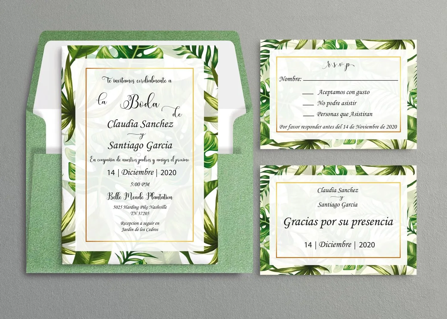 Tropical Calligraphy Spanish & English Elegant Wedding Invitation