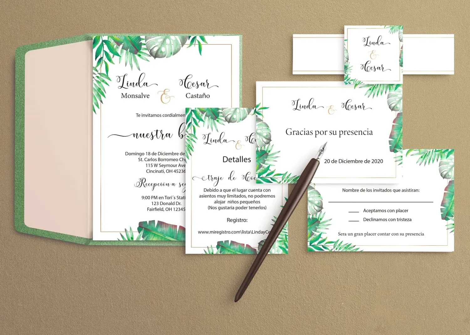 Tropical Green Leaves Spanish & English Elegant Wedding Invitation