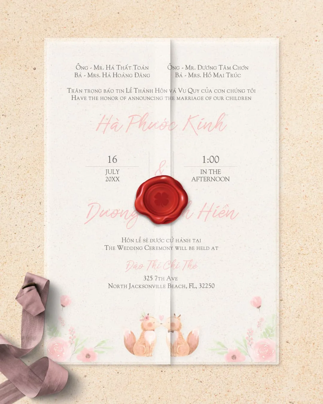 Animal and Floral Invitation Vellum Wrapped Vietnamese & English Wedding Invitation