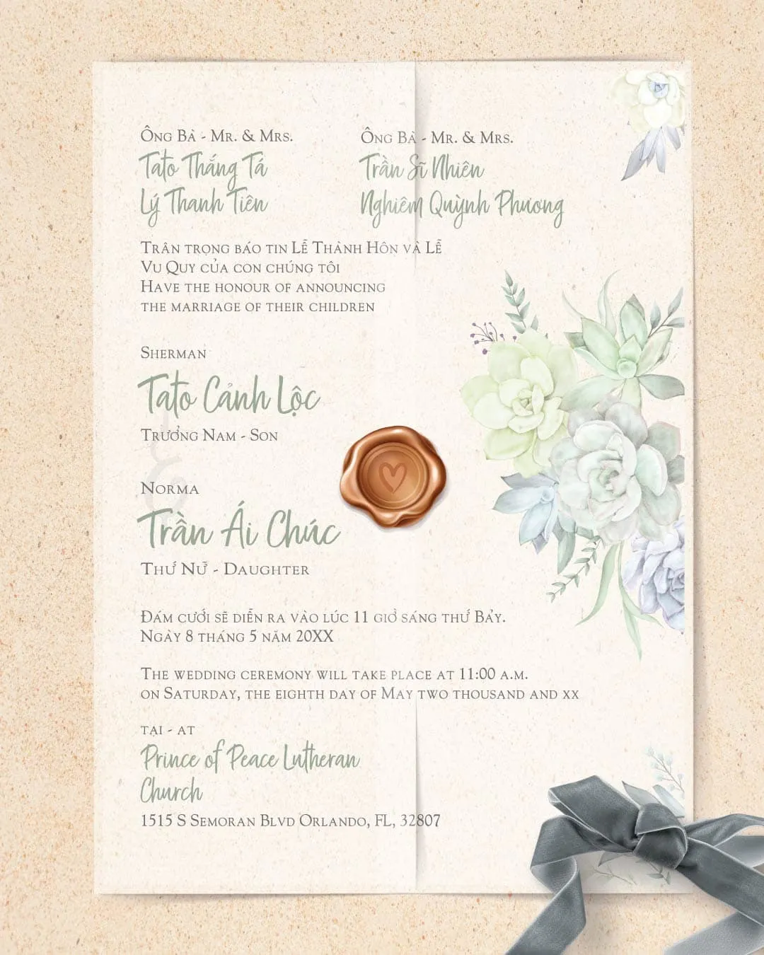 Beautiful Aquatic Flower Vellum Wrapped Vietnamese & English Wedding Invitation