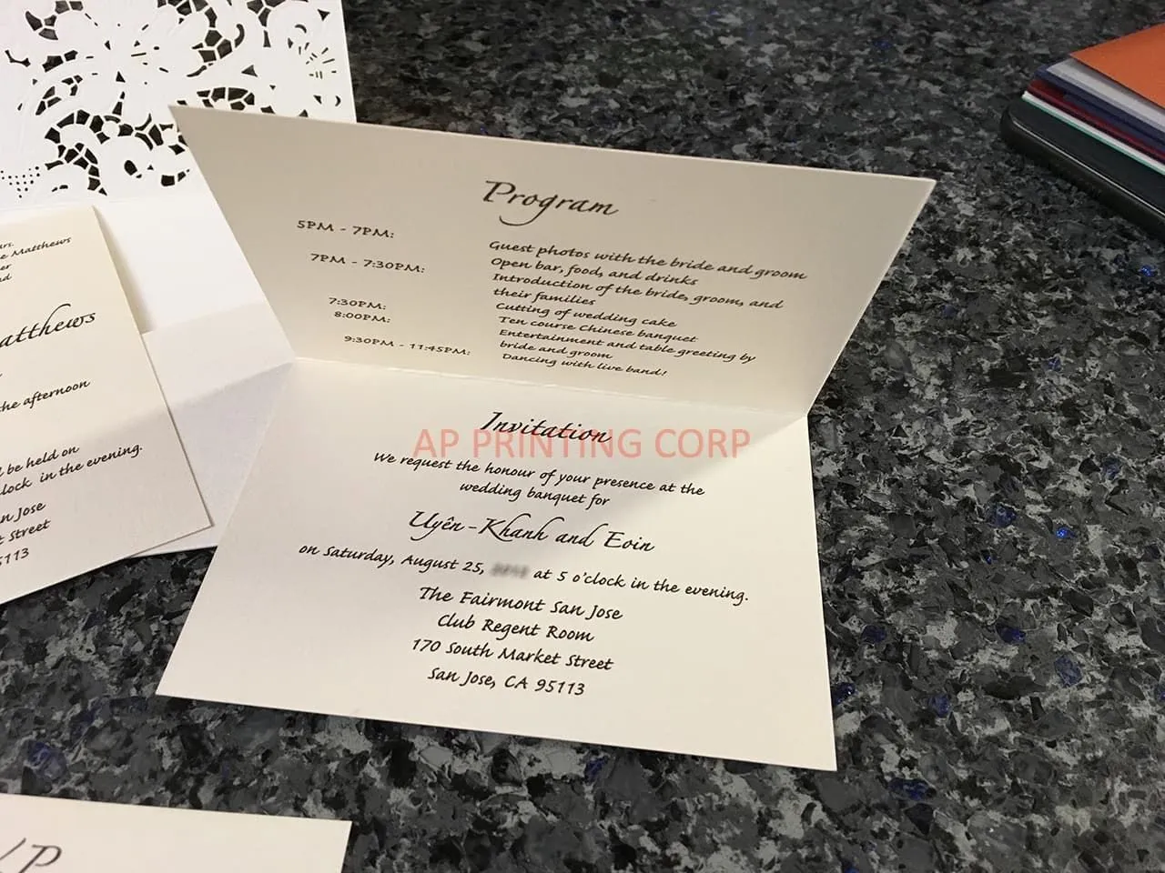 Gold Heart Flourish Pocket Laser Cut Vietnamese & English Wedding Invitation