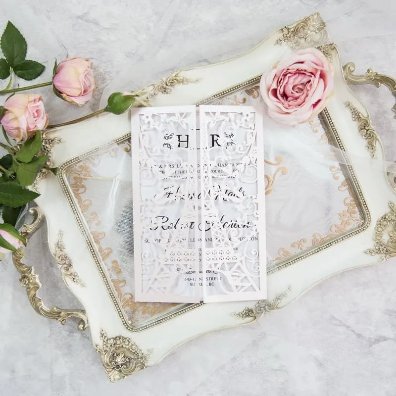 CL-SLIDER-57 M-N White Lotus with Ribbon Laser Cut Wedding Invitation