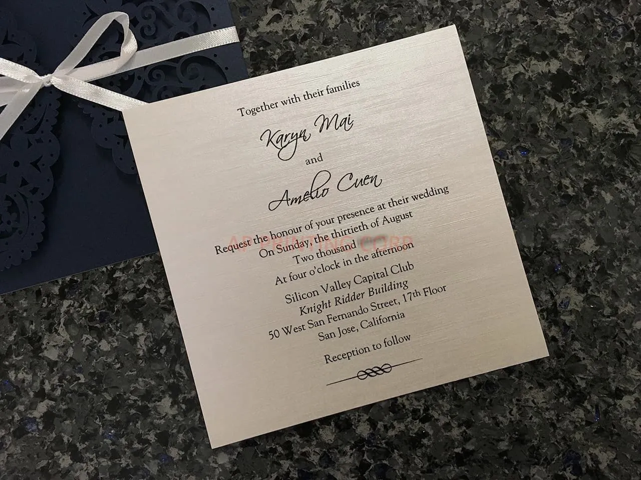 Champagne Glittery Laser Cut Pocket Wedding Invitation
