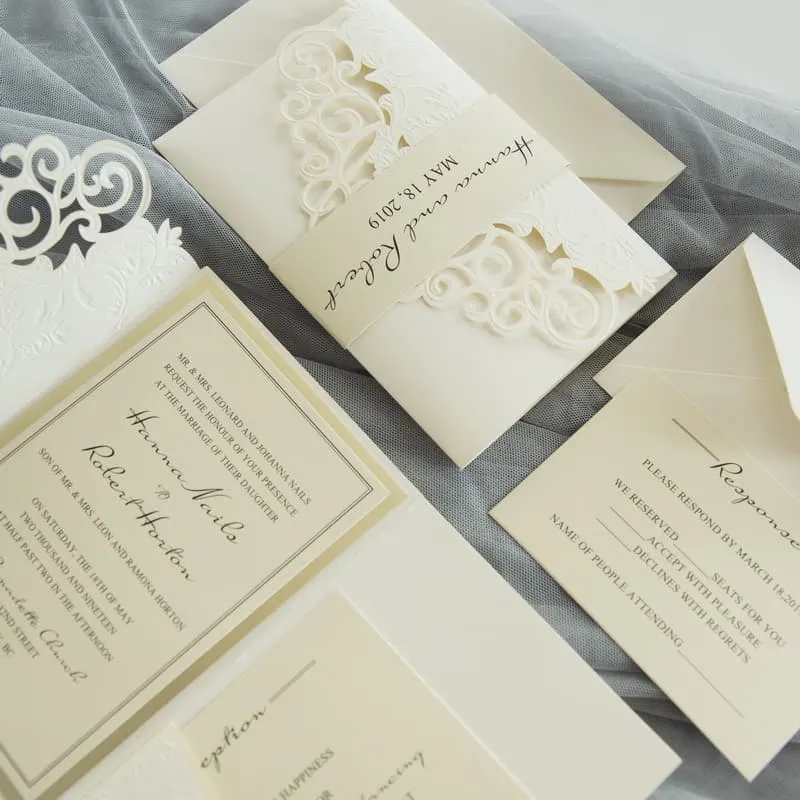 Gold Heart Flourish Pocket Laser Cut Vietnamese & English Wedding Invitation