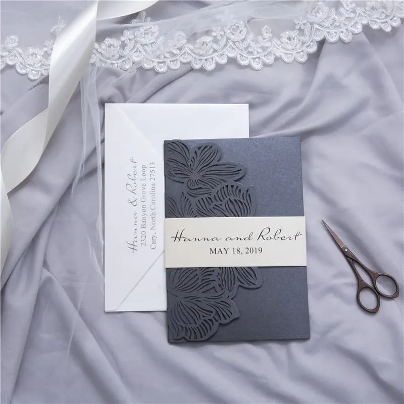 White Laser Cut Wrap with Ribbon Wedding Invitation