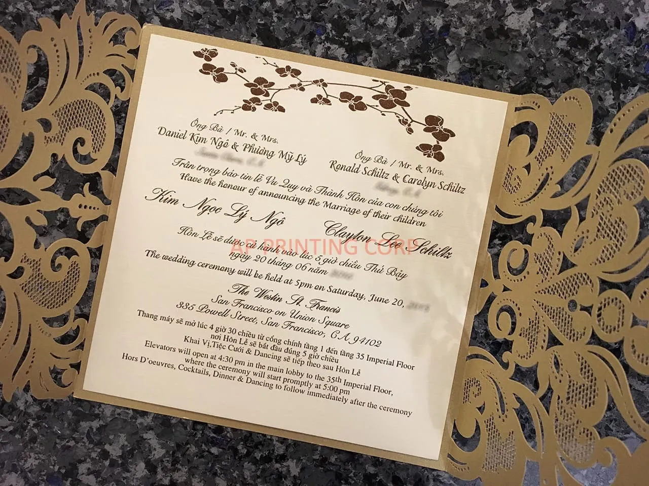 Blush Laser Cut Envelope with Glittery Border Wedding Invitation