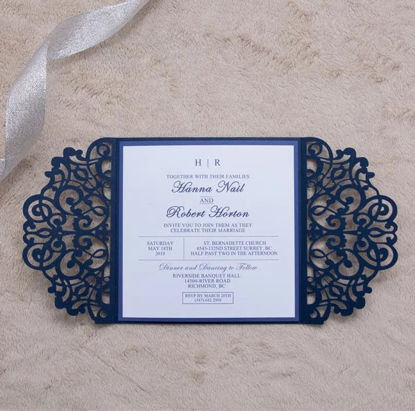 CL-PF-57 M-M Gold Heart Diamond Drop Laser Cut Wedding Invitation