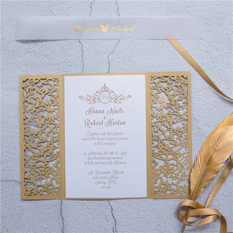 CL-SLIDER-57 N-M White Flowers, Lace Trims Laser Cut Wedding Invitation