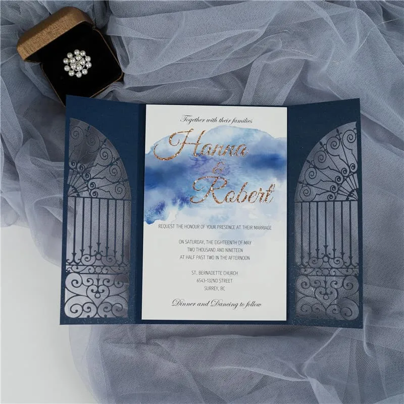 CL-WRAP-57 M-M Gold Flowers and Butterfly Wrap Laser Cut Wedding Invitation