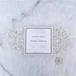 CL-WRAP-66 N-M Ecru Hearts and Cog Circles Laser Cut Wedding Invitation