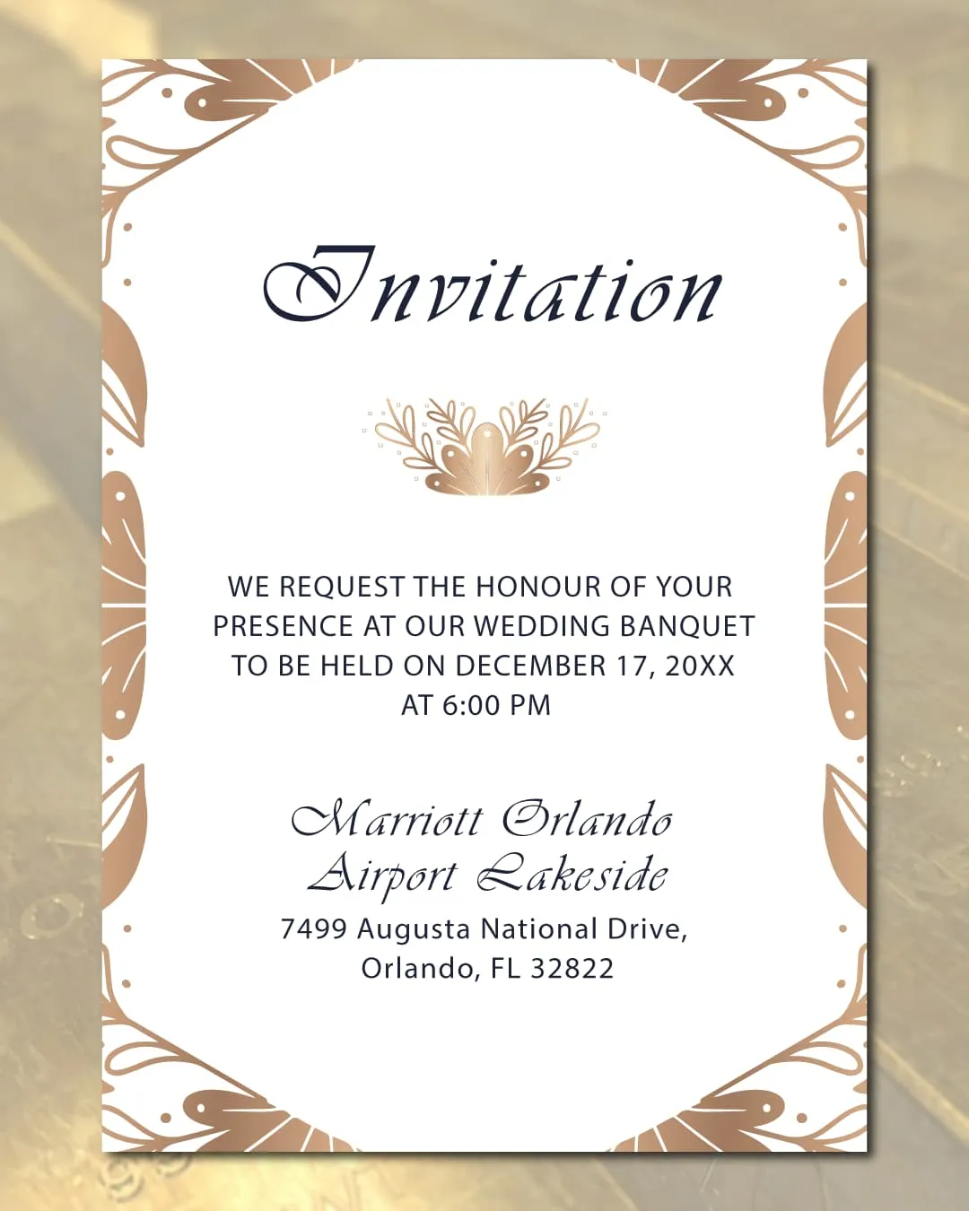 Gold Plated Leaves Simple Flat 5x7 Wedding Invitation