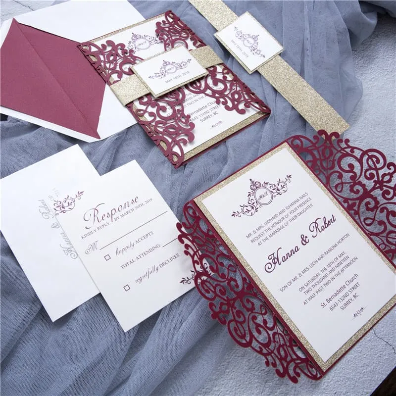 Glittery Rose Tri-Fold Laser Cut Pocket Wedding Invitation