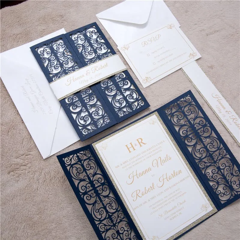 Gold Floral Diamond Drop Laser Cut Wedding Invitation