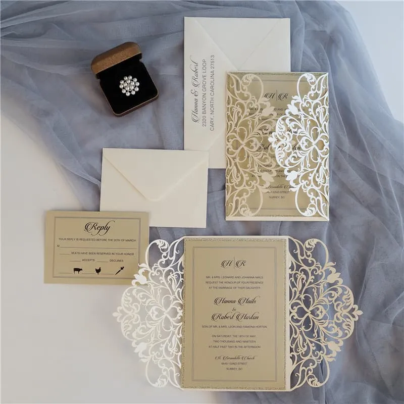 CL-WRAP-57 M-M Ivory Lotus Seeds Laser Cut Wedding Invitation