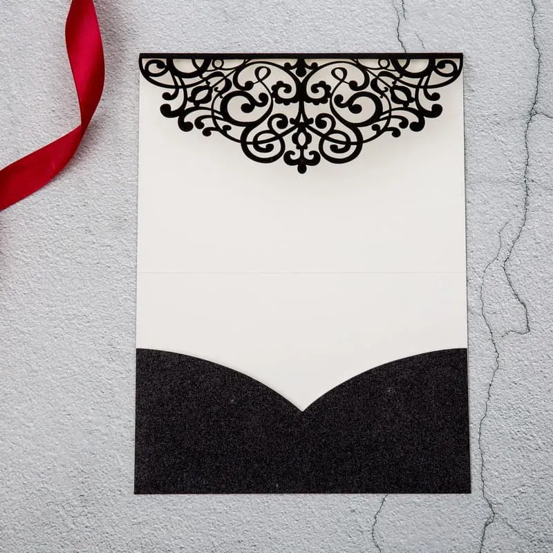 Gold Foil Damask Laser Cut Pocket Wedding Invitation