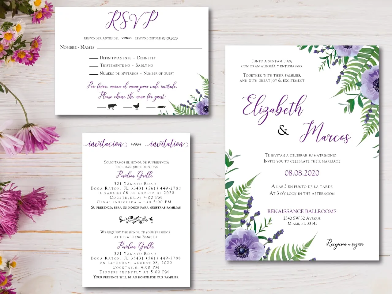 Violet Petunia Spanish & English Elegant Wedding Invitation