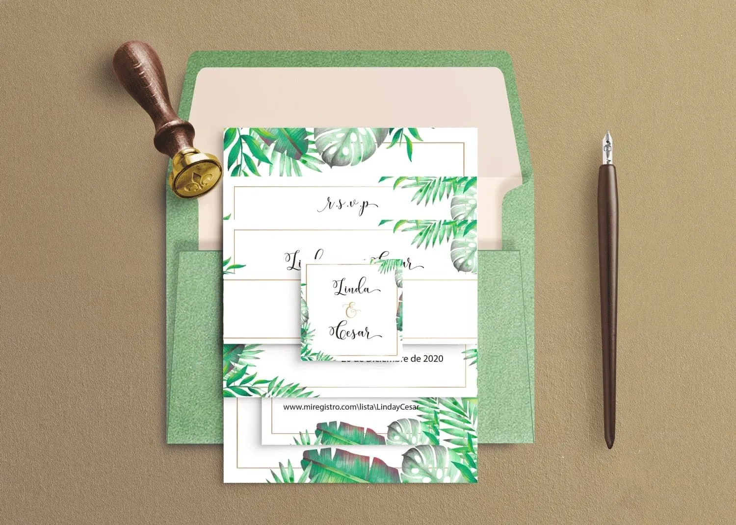 Tropical Green Leaves Spanish & English Elegant Wedding Invitation