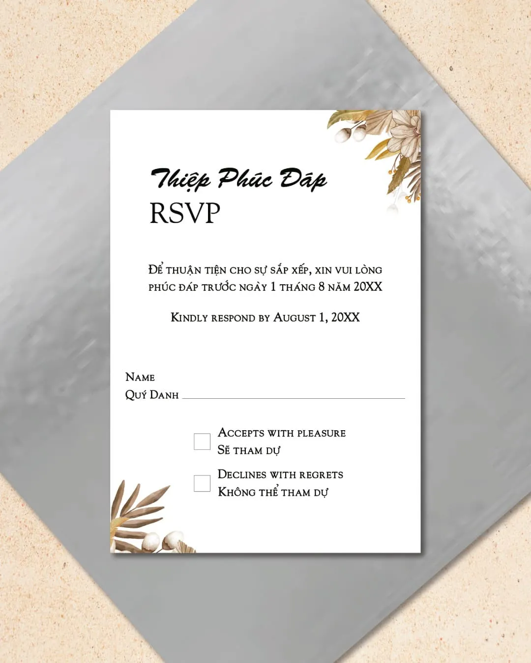 Boho Brown Branches Vellum Wrapped Vietnamese & English Wedding Invitation