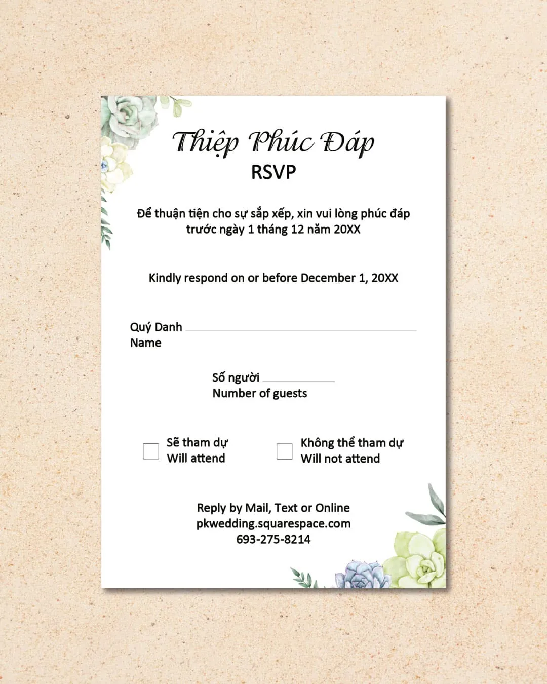 Beautiful Succulents Vellum Wrapped Vietnamese & English Wedding Invitation