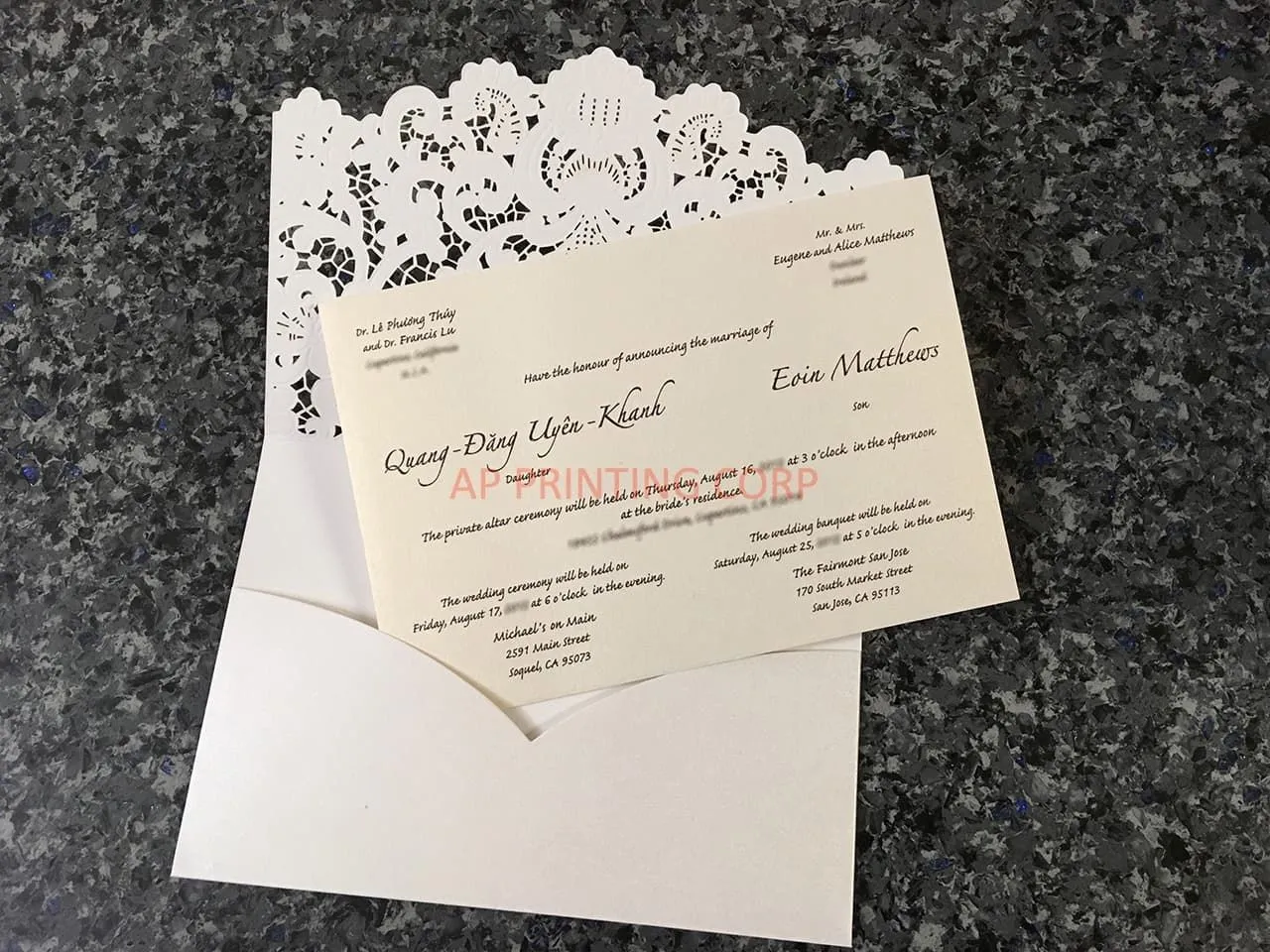 Gold Heart Flourish Pocket Laser Cut Vietnamese & English Wedding Invitation