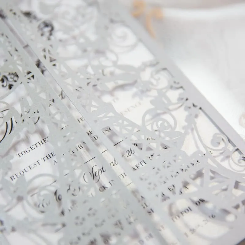 CL-SLIDER-57 M-N White Lotus with Ribbon Laser Cut Wedding Invitation