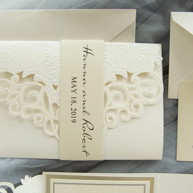 Gold Heart Flourish Pocket Laser Cut Vietnamese & English Wedding Invitation
