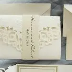 Gold Heart Flourish Pocket Laser Cut Vietnamese & English Wedding Invitation
