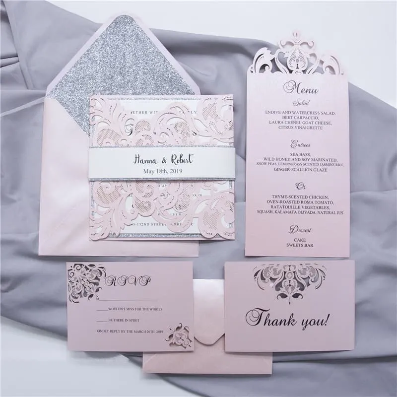 Silver Lace Glittery Laser Cut Wrap Wedding Invitation