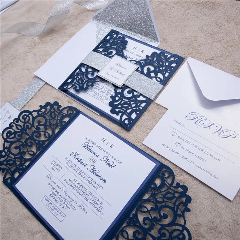 CL-PF-57 M-M Gold Heart Diamond Drop Laser Cut Wedding Invitation