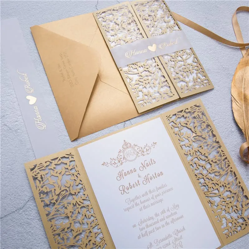 CL-SLIDER-57 N-M White Flowers, Lace Trims Laser Cut Wedding Invitation