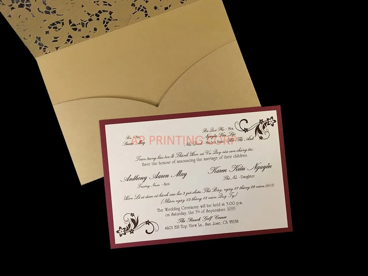 CL-SLIDER-57 N-M White Flowers, Lace Trims Laser Cut Wedding Invitation