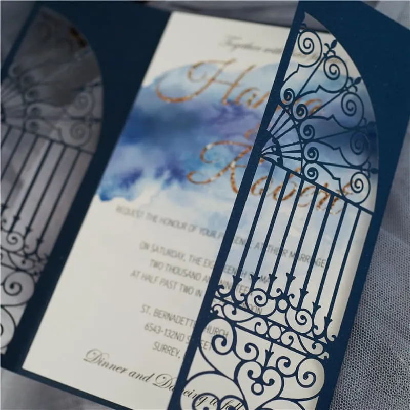 CL-WRAP-57 M-M Gold Flowers and Butterfly Wrap Laser Cut Wedding Invitation