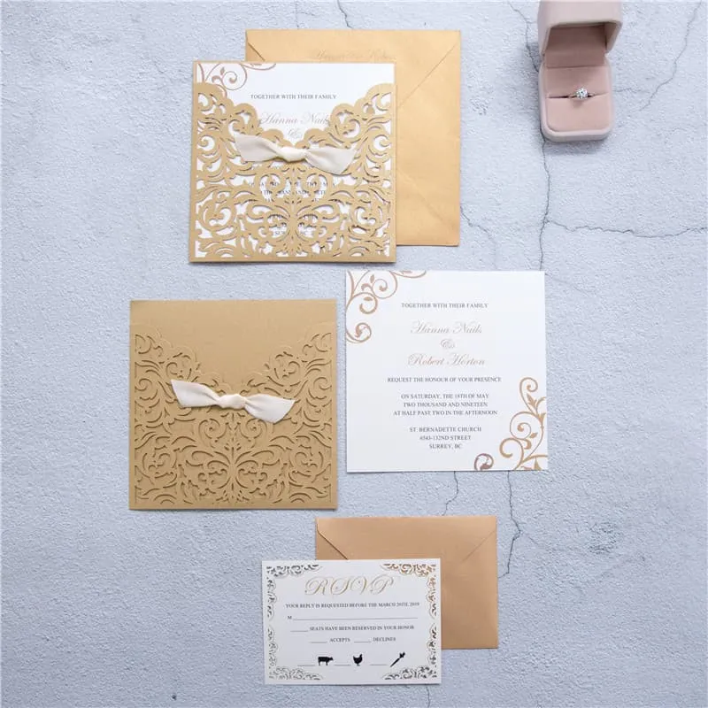 CL-WRAP-57 M-N White Flourish Wrap with Ribbon Laser Cut Wedding Invitation