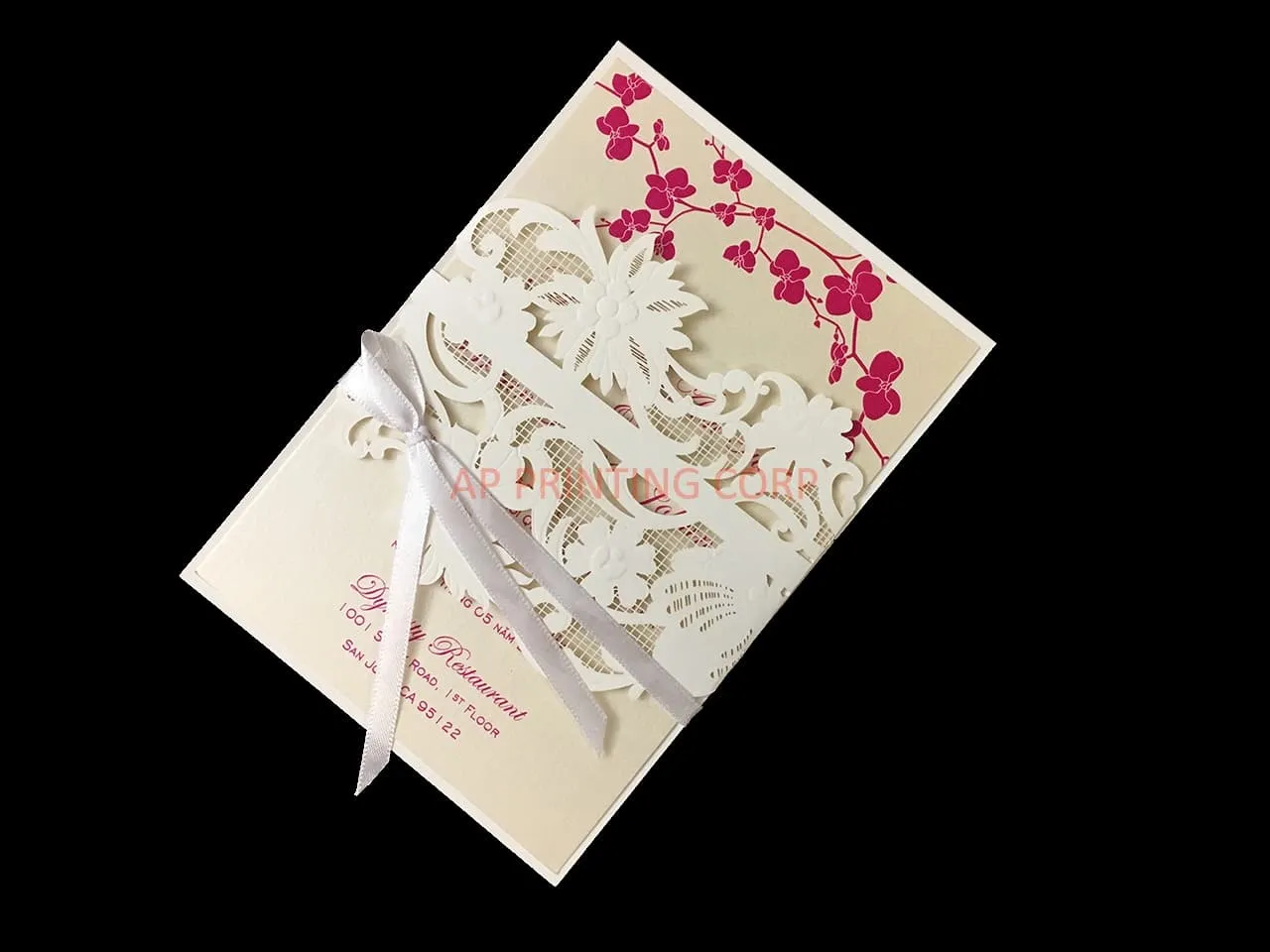 CL-WRAP-57 M-N White Flourish Wrap with Ribbon Laser Cut Wedding Invitation