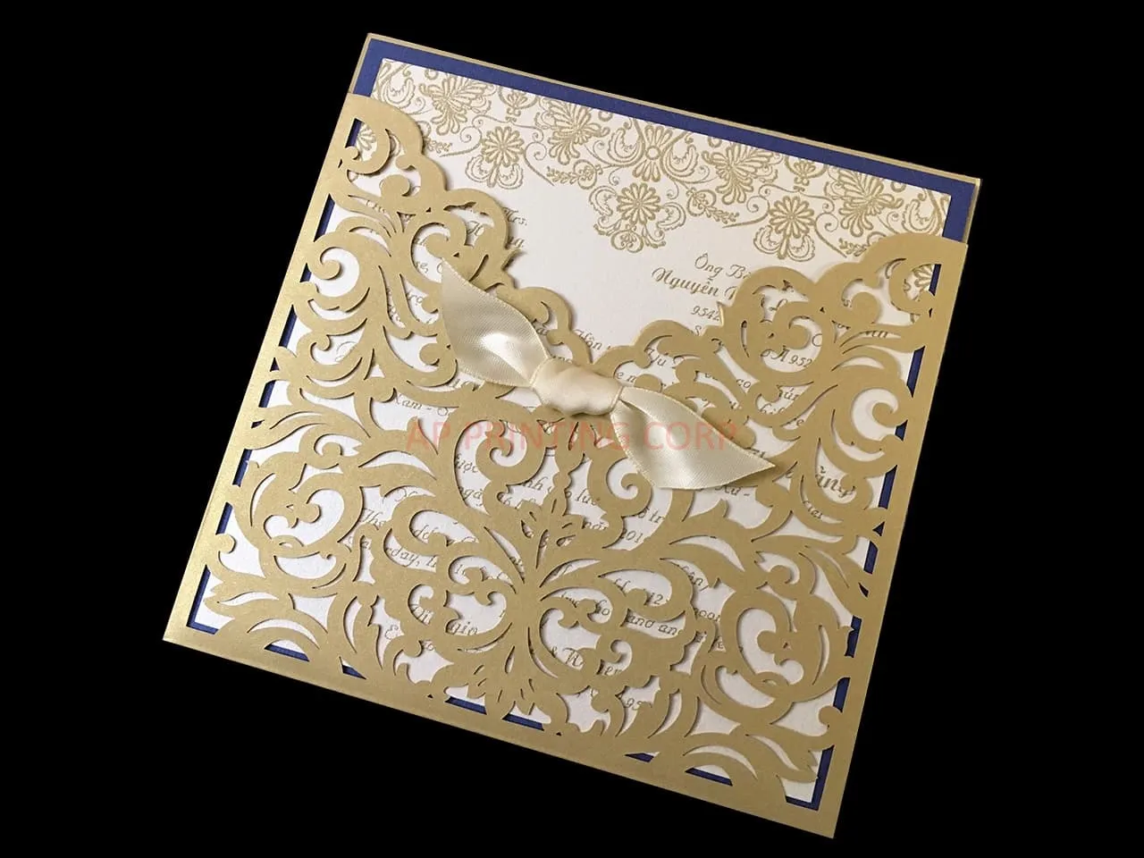 Exquisite Lace Vine Tri-Fold Laser Cut Pocket Wedding Invitation