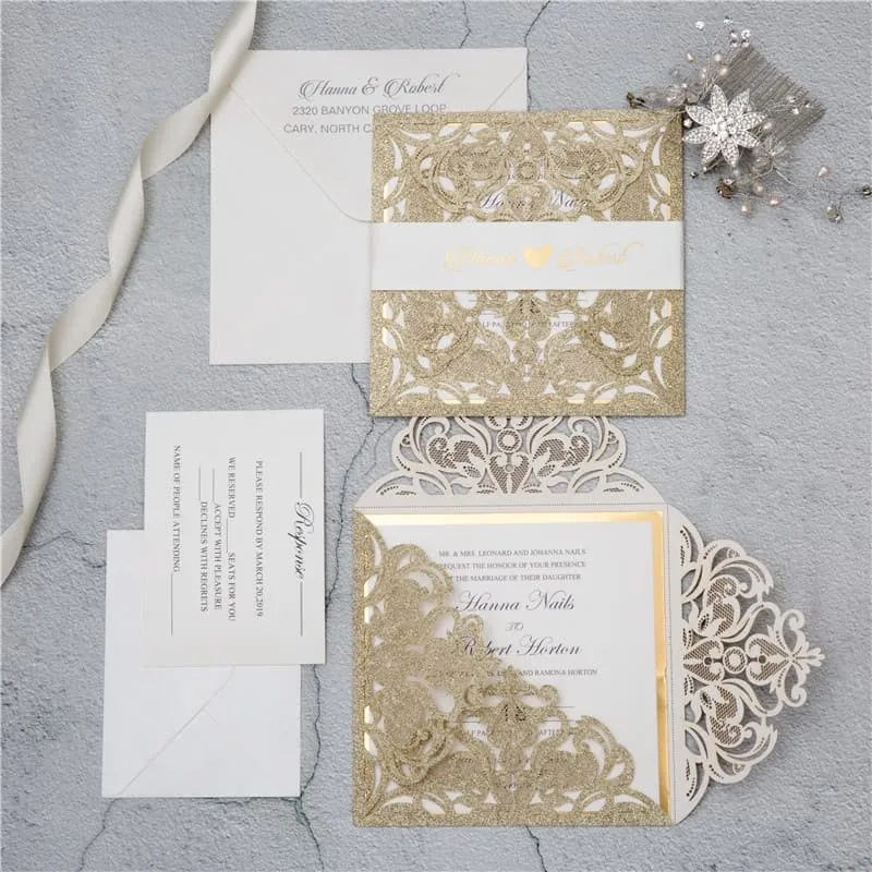 Navy Floral Wrap Laser Cut Wedding Invitation