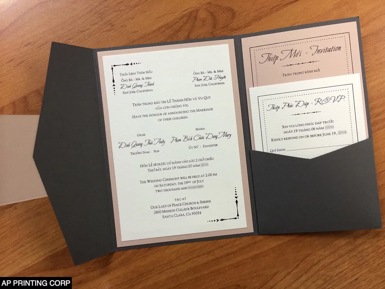 Dark Grey and Nude Vintage A7 Himalaya Pocket Wedding Invitation