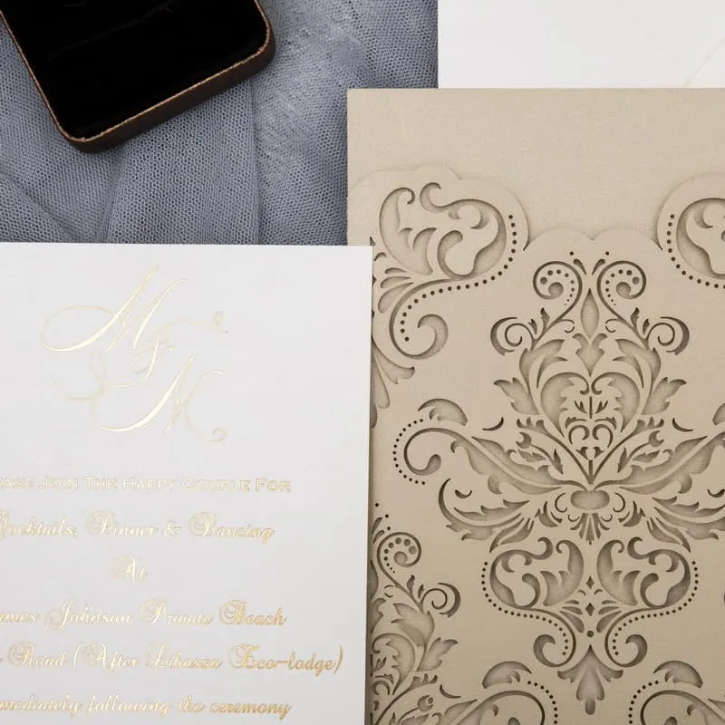 Ivory Laser Cut Floral Wrap Wedding Invitation
