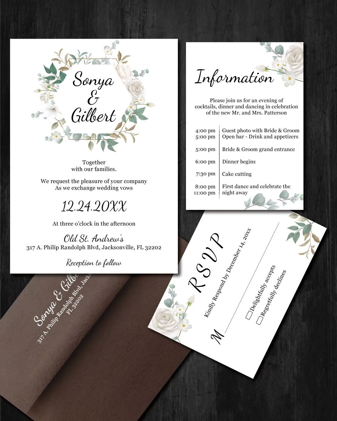 Hexagonal Roses Arrangement Simple Flat 5x7 Wedding Invitation