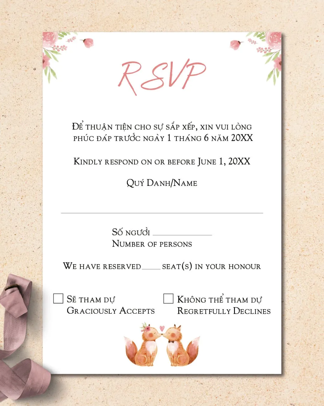 Animal and Floral Invitation Vellum Wrapped Vietnamese & English Wedding Invitation