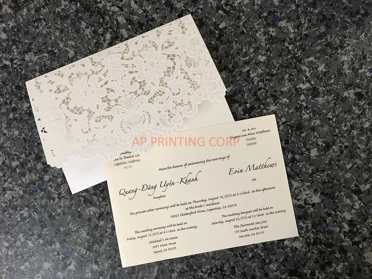 Gold Heart Flourish Pocket Laser Cut Vietnamese & English Wedding Invitation