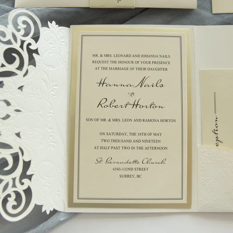 Gold Heart Flourish Pocket Laser Cut Vietnamese & English Wedding Invitation