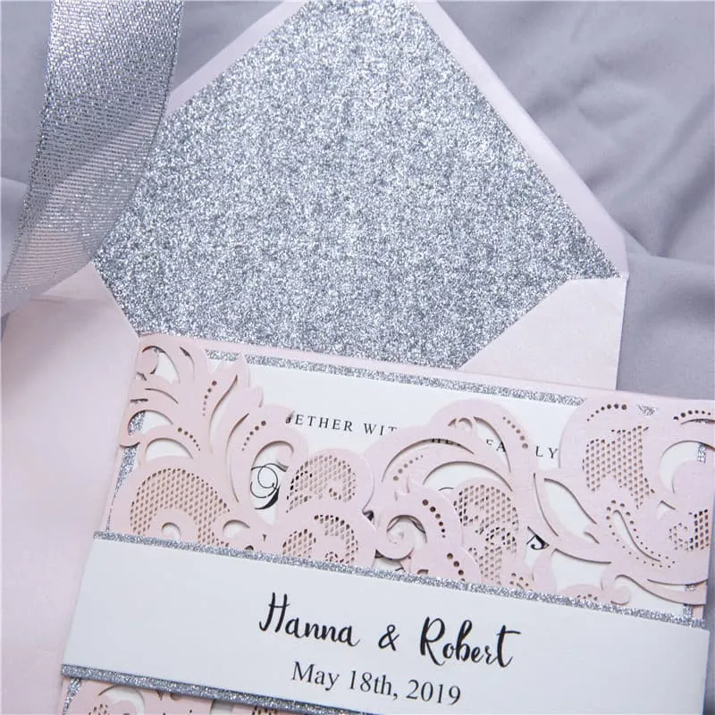 Silver Lace Glittery Laser Cut Wrap Wedding Invitation