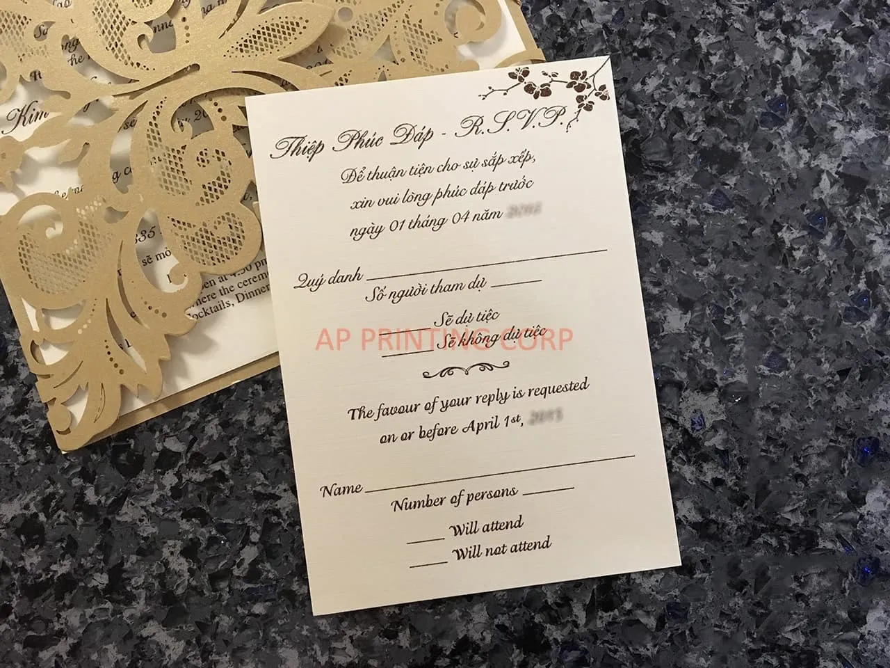 Blush Laser Cut Envelope with Glittery Border Wedding Invitation