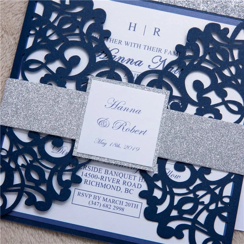 CL-PF-57 M-M Gold Heart Diamond Drop Laser Cut Wedding Invitation