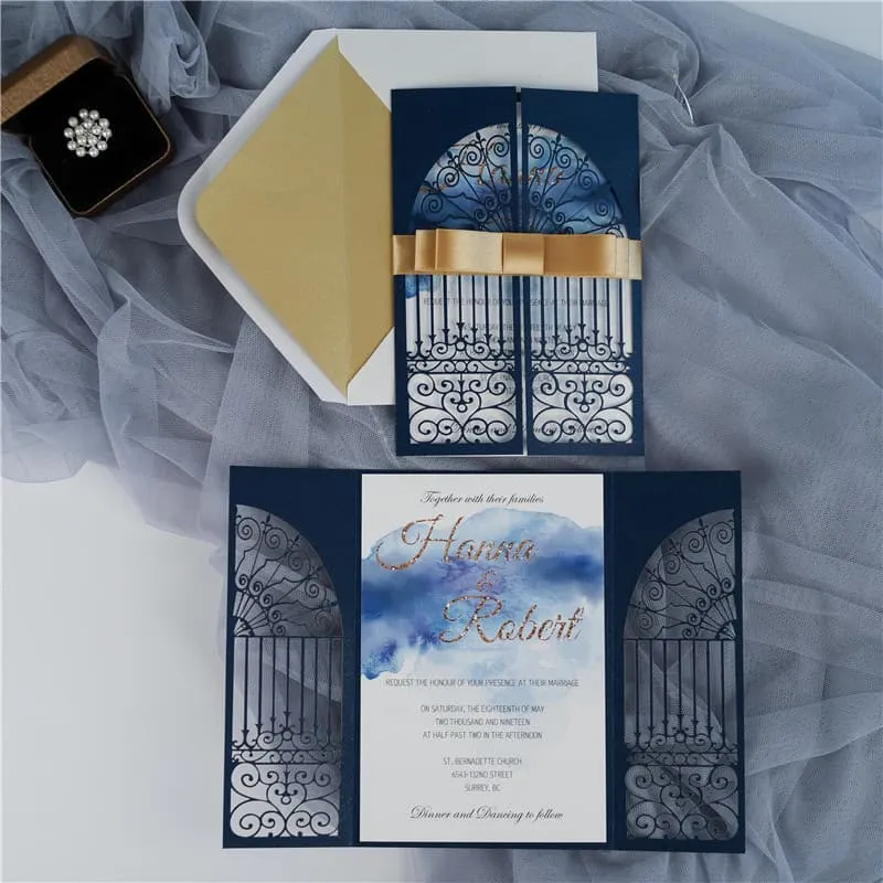 CL-WRAP-57 M-M Gold Flowers and Butterfly Wrap Laser Cut Wedding Invitation