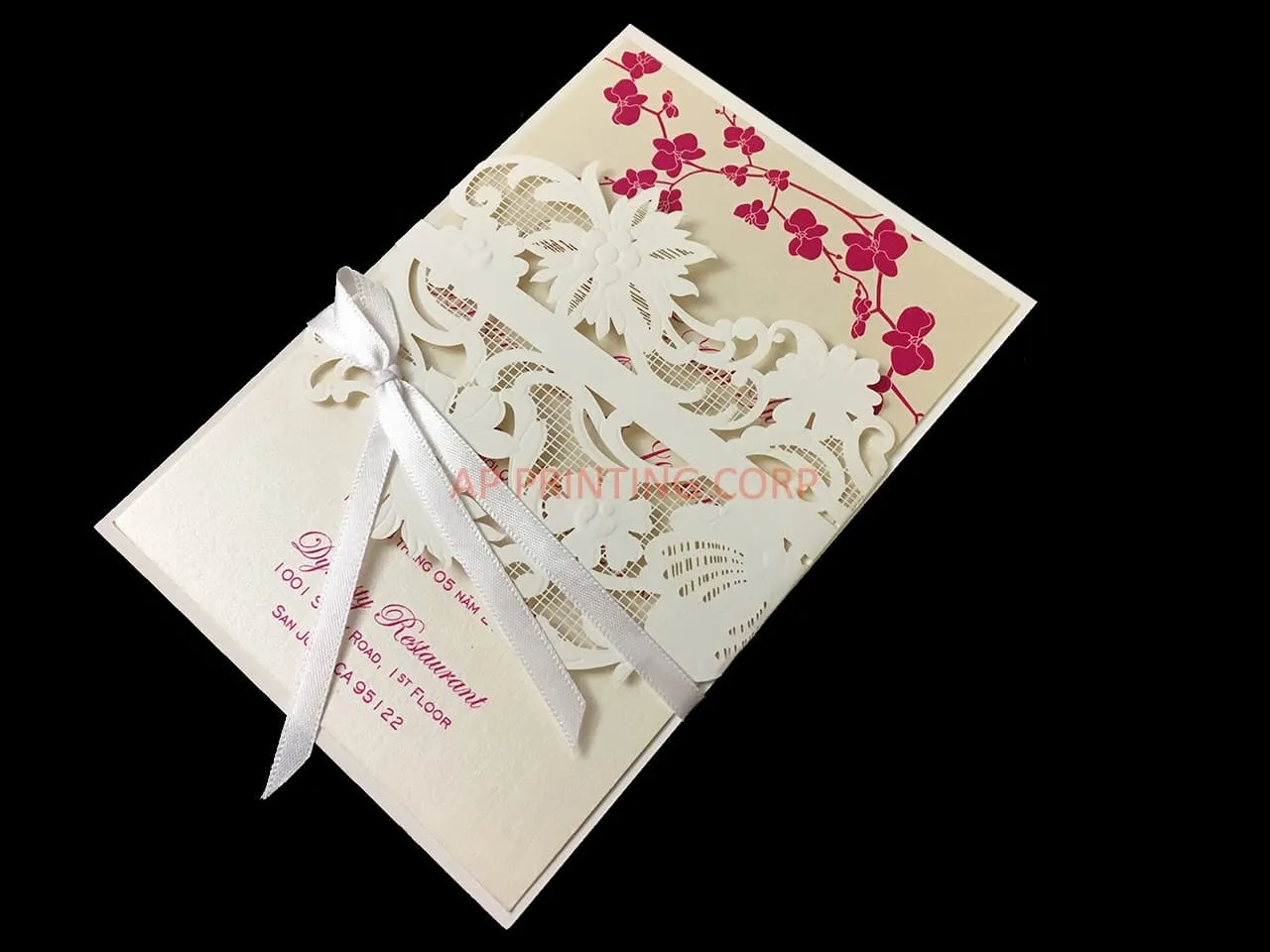 CL-WRAP-57 M-N White Flourish Wrap with Ribbon Laser Cut Wedding Invitation
