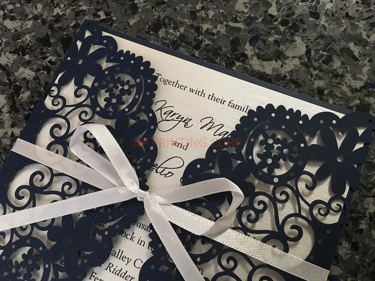 Champagne Glittery Laser Cut Pocket Wedding Invitation